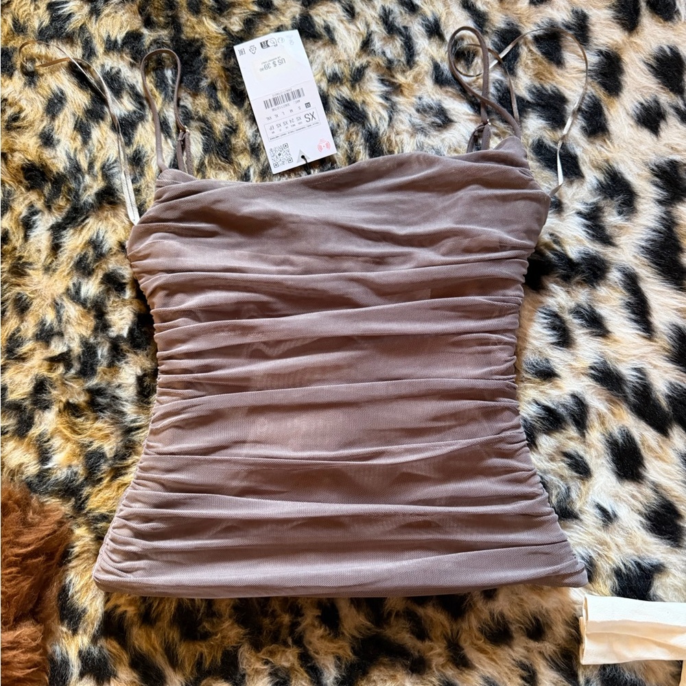 Zara Taupe Ruched Spaghetti Strap Camisole